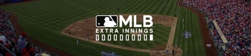 MLB extra innings logo in front of a baseball field