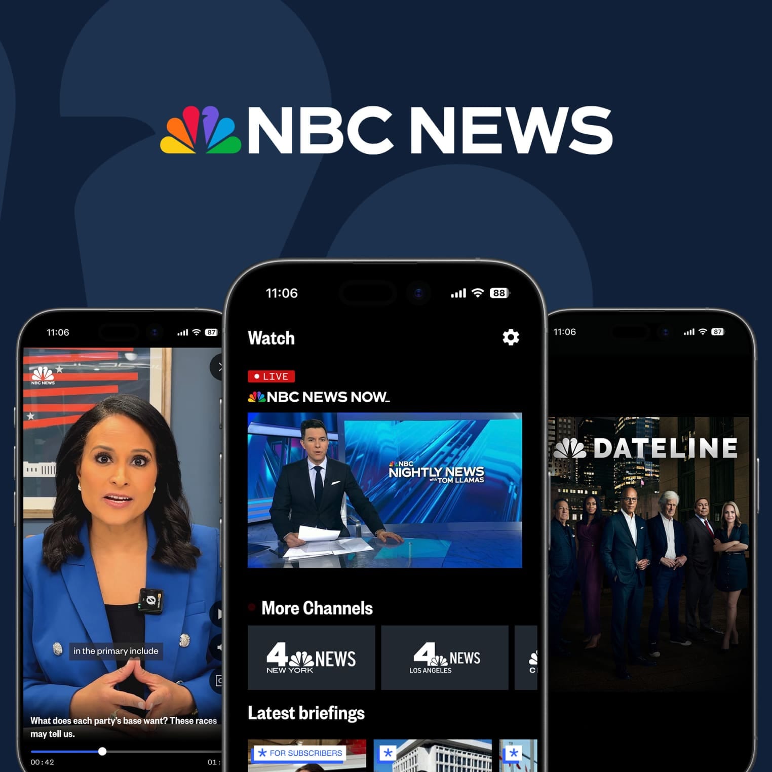 NBC News, 3 phones showing different nbc news channels including dateline video and their home page